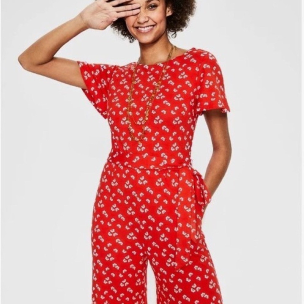 BODEN Camille Ponte Knit Jumpsuit Flutter Red White Blue Floral NWOT